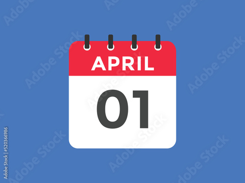 April 1 calendar reminder. 1st April daily calendar icon template. Vector illustration 
