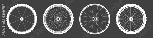 Black bicycle wheel symbols collection. Bike rubber tyre silhouettes. Fitness cycle, road and mountain bike. Vector illustration.