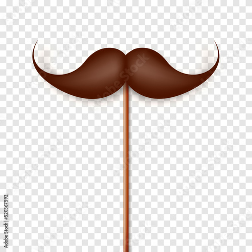 Realistic fake mustache on a wooden stick. Vintage paper mustache for carnival or holiday. Brown facial hair, hipster beard. Vector illustration