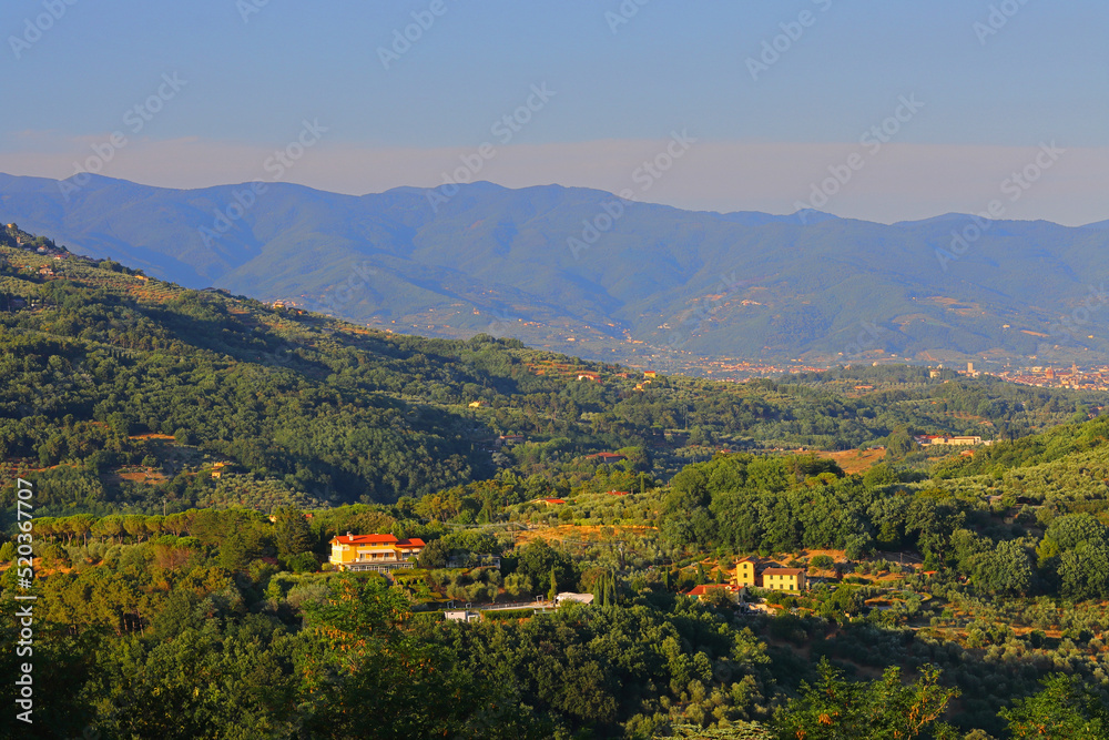 Landscape View from Montecatini Alto looking towards Pistoia with the Apennine Mountains in the distance. Tuscany, Italy.