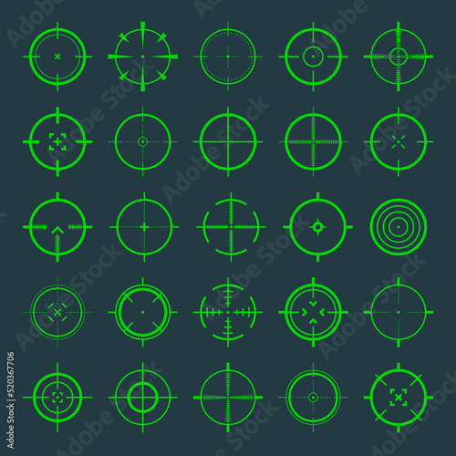 Crosshair, gun sight vector icons. Bullseye, green target or aim symbol. Military rifle scope, shooting mark sign. Targeting, aiming for a shot. Archery, hunting and sports shooting. Game UI element.