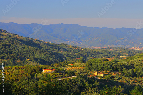 Landscape View from Montecatini Alto looking towards Pistoia with the Apennine Mountains in the distance. Tuscany  Italy.