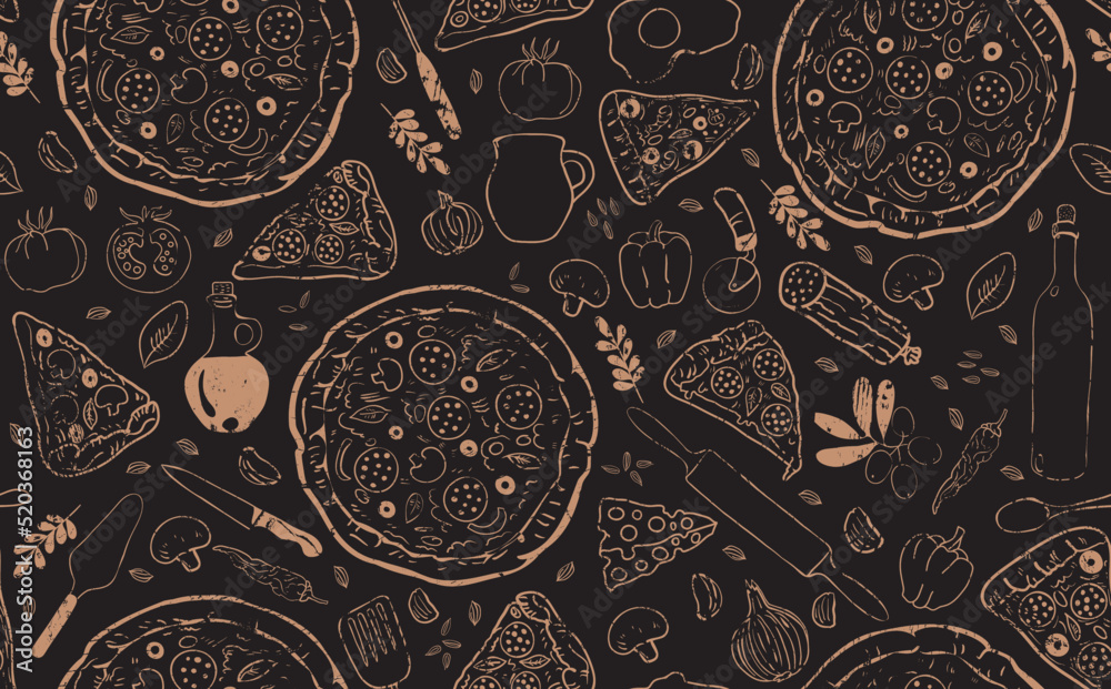 Pizza seamless pattern. Vector Background. - obrazy, fototapety, plakaty 