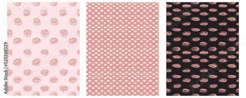 Set of 3 Simple Hand Drawn Vector Patterns with Brush Spots, Scribbles and Dots on a Blush, Pink and Black Background.Modern Irregular Geometric Seamless Pattern.Cool Repeatable Abstract Doodle Print.