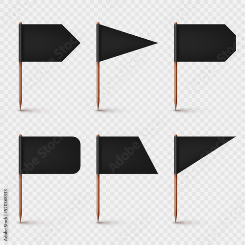 Realistic various toothpick flags. Wooden toothpicks with black paper flag. Location mark, map pointer. Blank mockup for advertising and promotions. Vector illustration