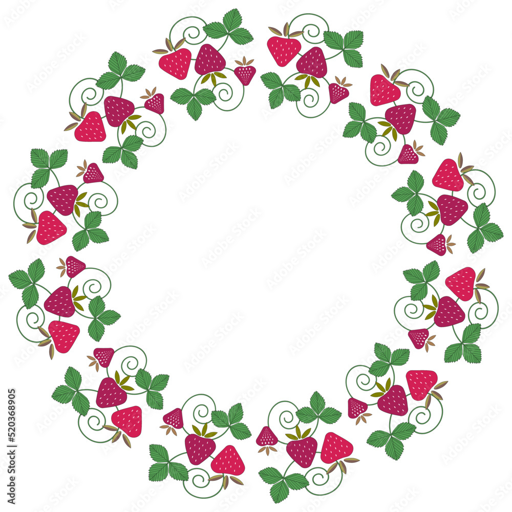 Round ornament of berries and strawberry leaves.