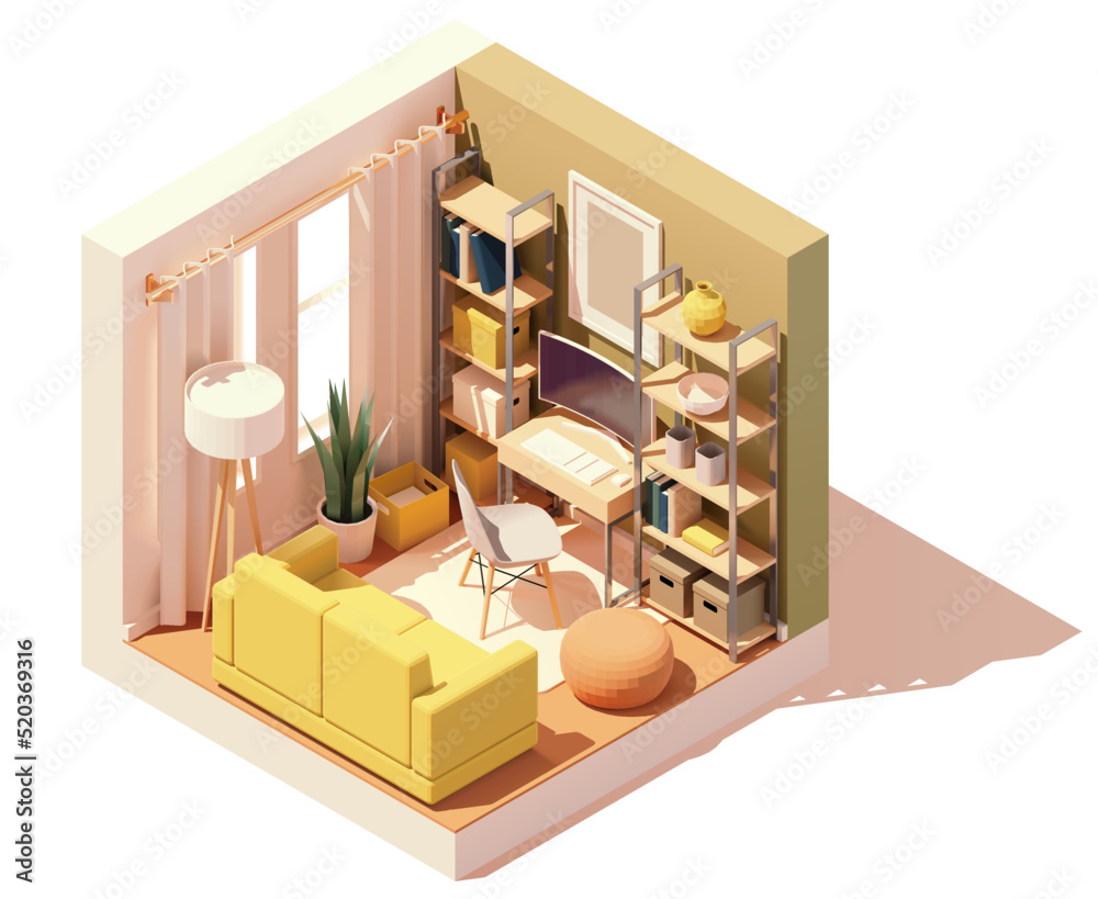 Vetor de Vector isometric workplace in home office room. Office table ...