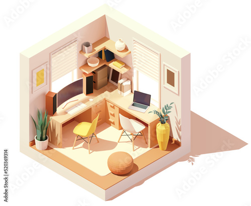 Vector isometric workplace in home office room for two people. Office table and chair, modern wide screen computer monitor, laptop, bookshelf