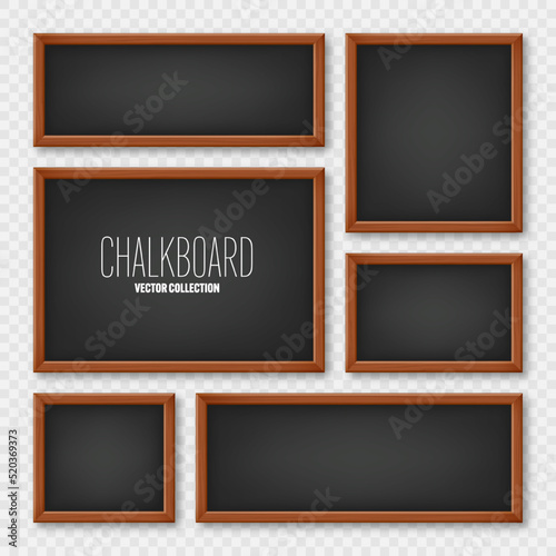 Realistic various chalkboards in a wooden frame. Black restaurant menu board. School blackboard, writing surface for text or drawing. Blank advertising or presentation boards. Vector illustration