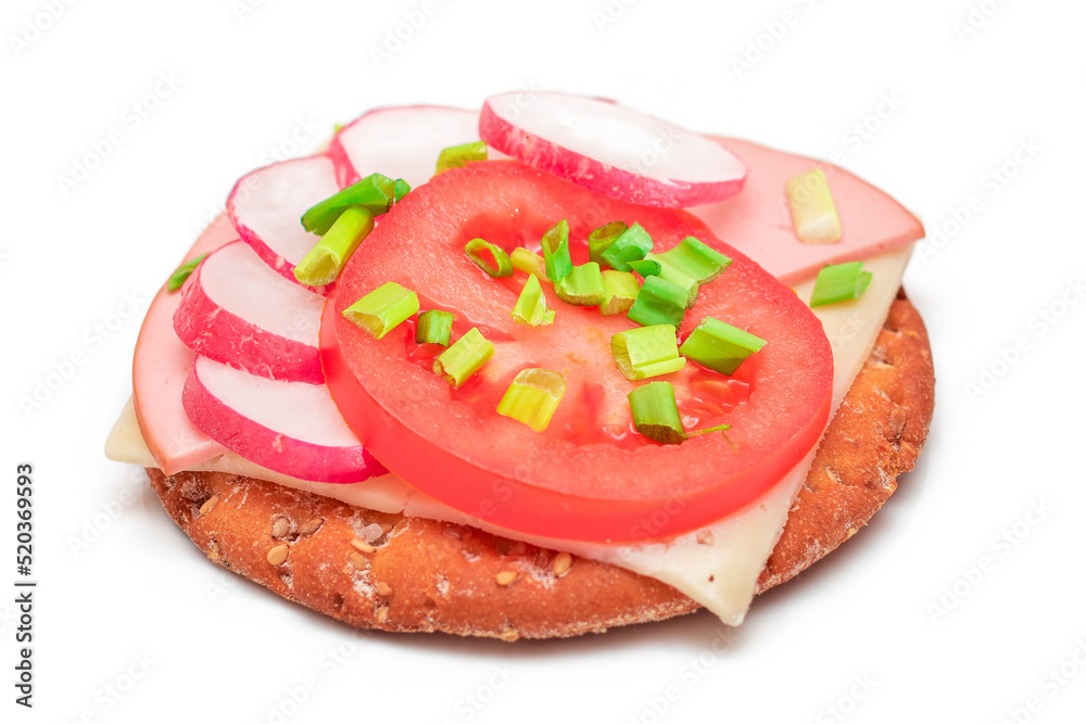 Crispy Cracker Sandwich with Tomato, Sausage, Cheese, Green Onions and Radish - Isolated on White. Easy Breakfast. Diet Food. Quick and Healthy Sandwiches. Crispbread with Tasty Filling - Isolation Crispy Cracker Sandwich with Tomato, Sausage, Cheese, Green Onions and Radish - Isolated on White. Easy Breakfast. Diet Food. Quick and Healthy Sandwiches. Crispbread with Tasty Filling - Isolation