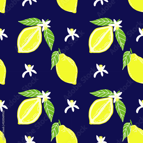 Lemons and flowers, vector seamless pattern. Tropical fruits on a dark background. Design for paper, fabric, interior.