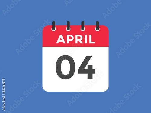April 4 calendar reminder. 4th April daily calendar icon template. Vector illustration 