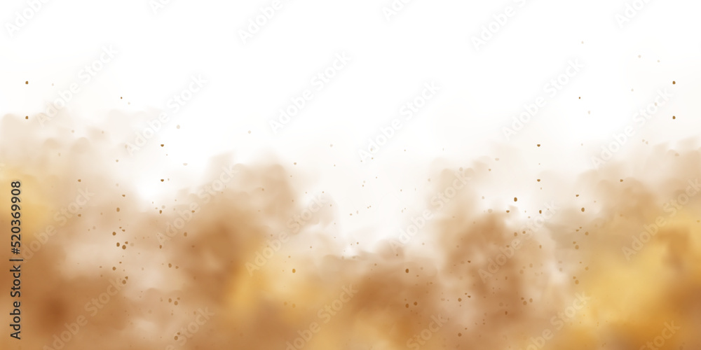 Realistic dust clouds isolated on white background. Sand storm with dirt particles, polluted dirty brown air, smog. Vector illustration