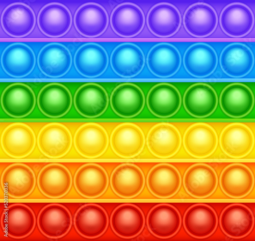 Colorful silicone anti-stress pop it toy texture, pattern. Trendy sensory game for children. Rainbow push pop fidget toy with brightly colored popping bubbles. Vector illustration