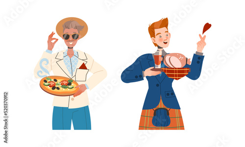 Gastronomic Tourism with Italian and Scottish Man Holding Authentic Served Dish Vector Set