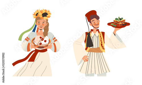 Gastronomic Tourism with Man Turkish and Ukrainian or Russian Woman Holding Authentic Served Dish Vector Set