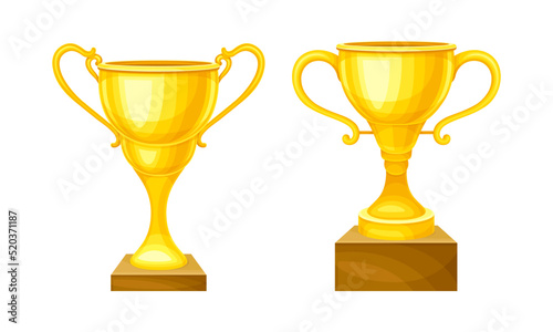 Winner Yellow Cup Award and Trophy on Pedestal for Successful Competition Vector Set