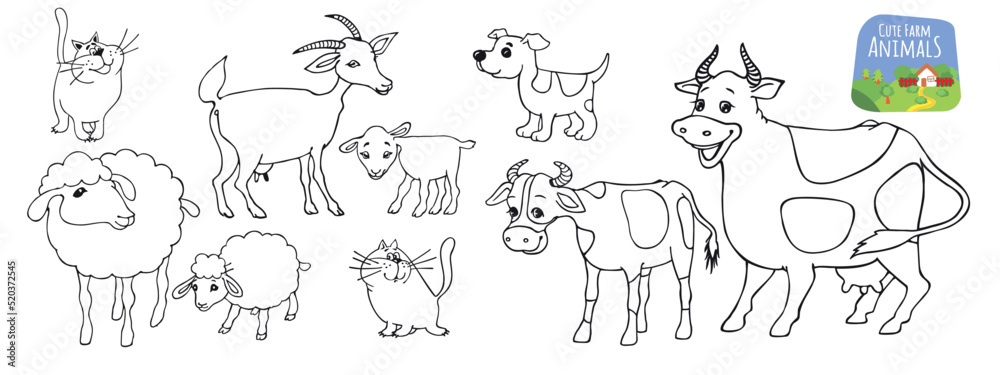 Cute farm animals. Cartoon style. Funny cartoon character. Cute baby animals set. Village landscape. Farm animals.