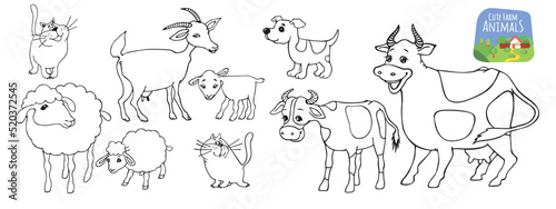 Fototapeta Naklejka Na Ścianę i Meble -  Cute farm animals. Cartoon style. Funny cartoon character. Cute baby animals set. Village landscape. Farm animals.