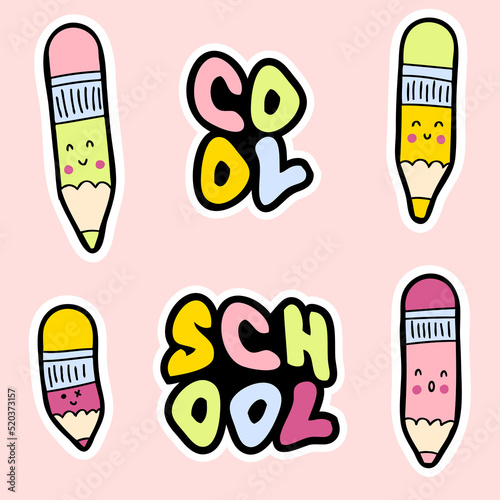 Cute colored pencils and slogans stickers collection. Perfect for decoration notebook, planner, notepad, copybook and stationery. Schooling theme vector illustration for decor and design.