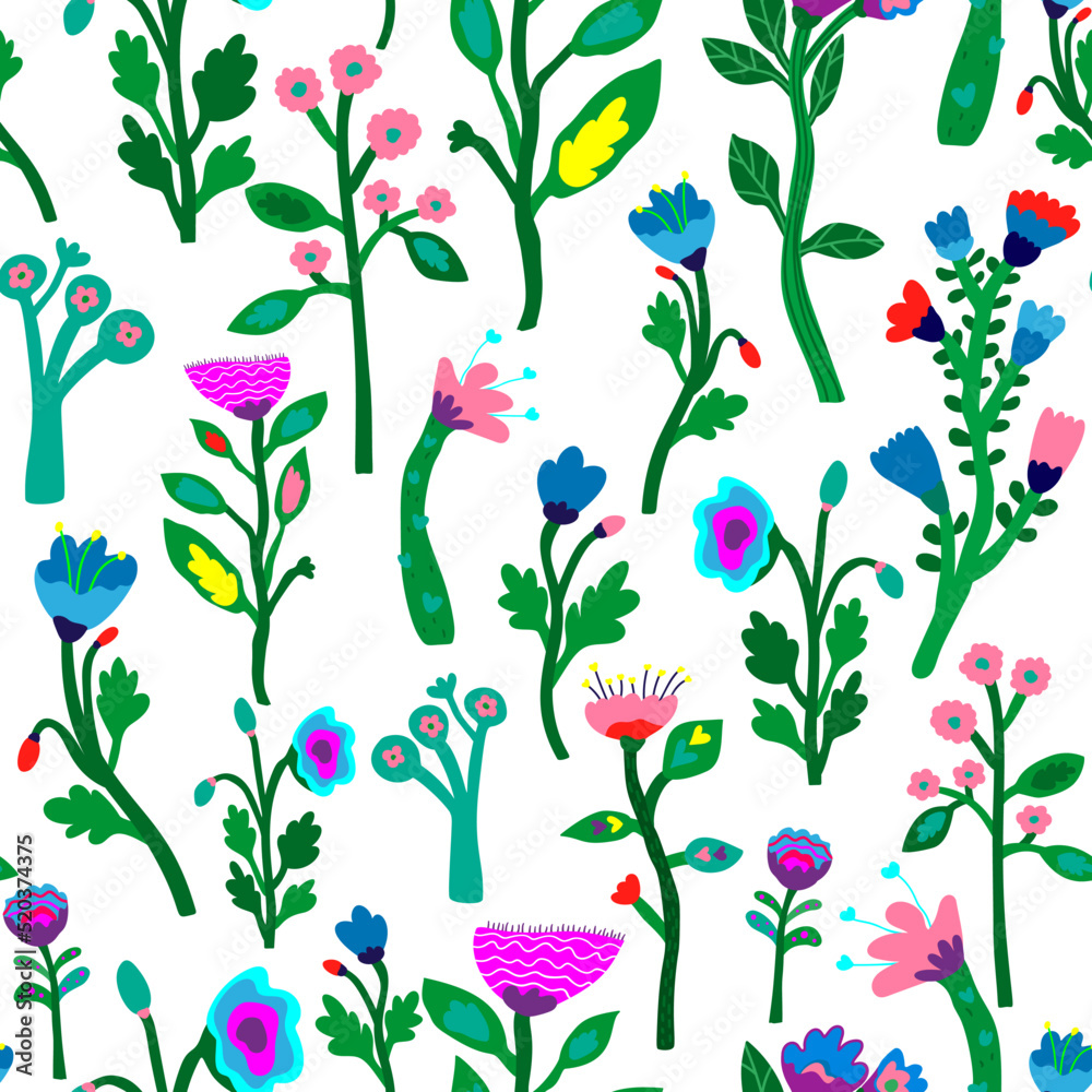 Fototapeta premium Contemporary floral seamless pattern. Strange shapes flower background. Tropical plants endless wallpaper.