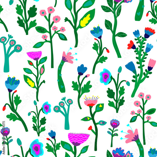 Contemporary floral seamless pattern. Strange shapes flower background. Tropical plants endless wallpaper.