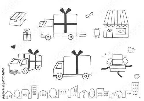 プレゼントを運ぶトラックの手描きイラストセット（モノクロ）