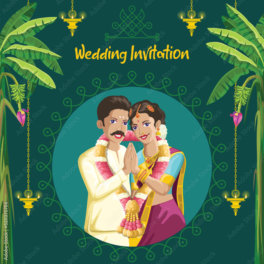 Indian Tamil wedding invitation bride and groom in smiling pose