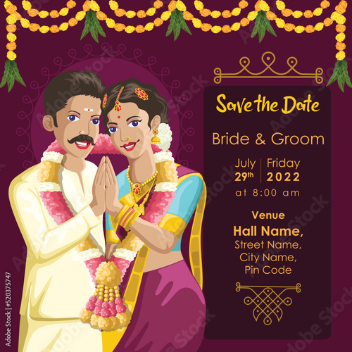 Indian Tamil wedding invitation bride & groom in welcome pose