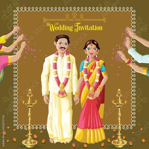 Indian Tamil wedding invitation bride and groom getting blessing from elders