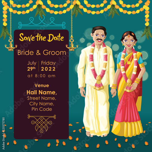 Indian Tamil wedding invitation bride and groom holding hands