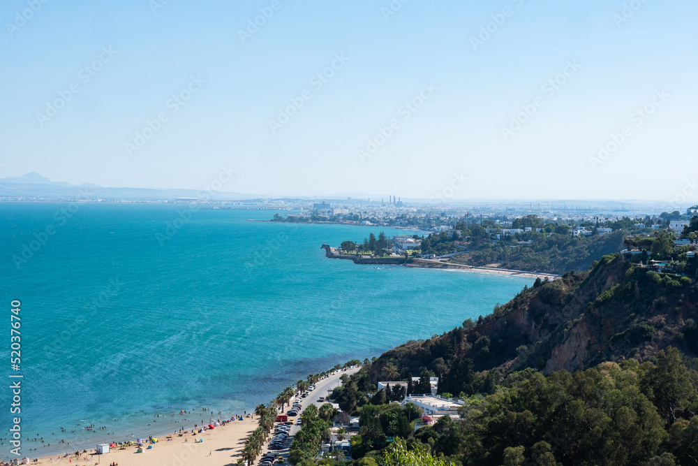 Panoramic view of the sea side from a hill in Tunis, Tunisia.
