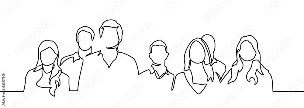 Group of people continuous one line vector drawing. Family, friends ...