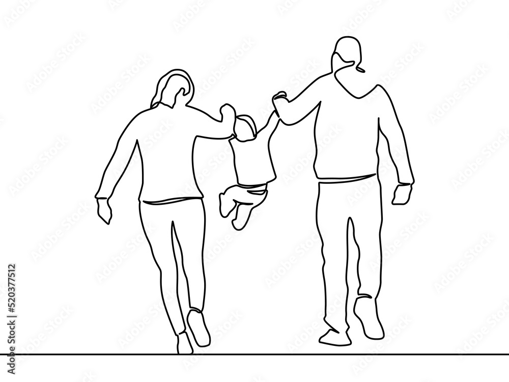 Continuous one line drawing of family vector, Concept of father, mother, and son. Parents help their kid walking. One single line drawing of young happy mother and father lead their son walking. Continuous one line drawing of family vector, Concept of father, mother, and son. Parents help their kid walking. One single line drawing of young happy mother and father lead their son walking.