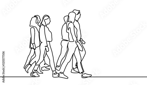 Urban commuters one continuous line drawing minimalism design sketch hand drawn vector illustration. People walking before or after work time on city street.