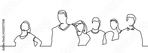 Group of people continuous one line vector drawing. Family, friends hand drawn characters. Crowd standing at concert, meeting. Women and men waiting in queue. Minimalistic contour illustration