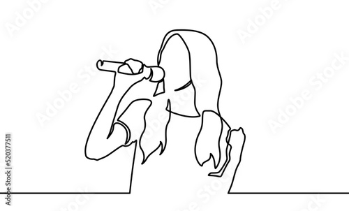 Woman sing a song continuous one line drawing of singer music person. Singer in continuous line art drawing style. Young woman holding microphone and singing. Black linear sketch isolated on white