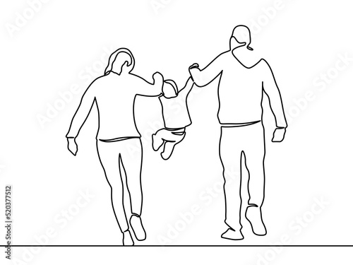 Continuous one line drawing of family vector, Concept of father, mother, and son. Parents help their kid walking. One single line drawing of young happy mother and father lead their son walking.