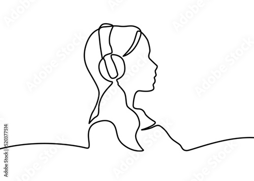 continuous single drawn one line. girl woman listens to music with headphones hand-drawn picture silhouette. Line art. Woman with Headphones Minimalist One Line Drawing. Female Head Contour