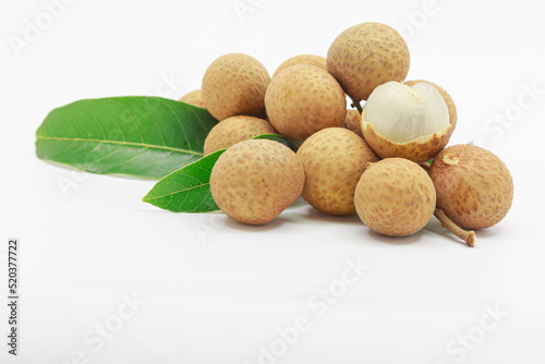 Fruit fresh longan with leaf  on a white background with copy space  close up