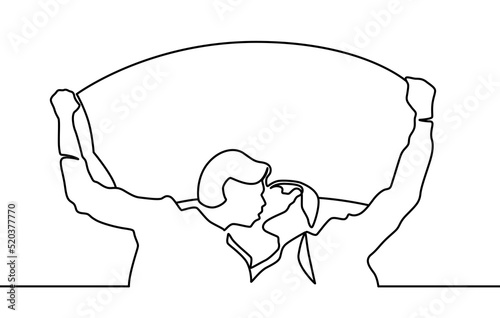 Continuous line drawing of gay couple hugging each other holding pride flag. Hand drawn couple line art vector illustration. Man kiss sketch. Happy together. Lovers outline drawing. Love concept. Gay 