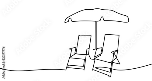 continuous line drawing of beach chairs and umbrella near sea waves. Beach chairs and umbrella. Continuous line vector illustration. 