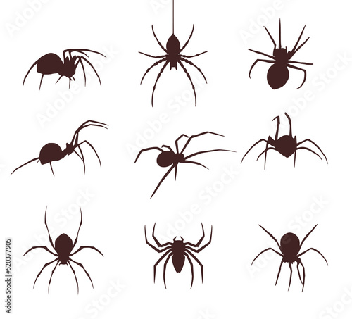 Print op canvas Set of nine silhouettes of spiders