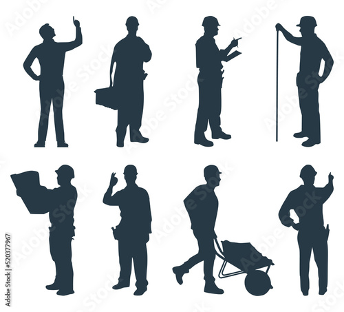 Set of eight silhouettes of construction workers