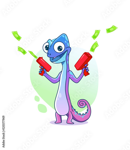 Illustration of a chameleon with money throwers in his hands