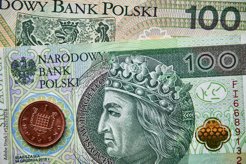 polski banknot i moneta angielska , Polish banknote and English coin