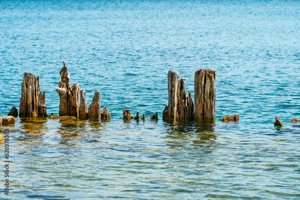Landscape of the Huron Lake water and old withered wooden dock posts or marina wreck at sunny day in Georgian Bay near Spirit Rock Conservation Area at Wiarton, Ontario, Canada.