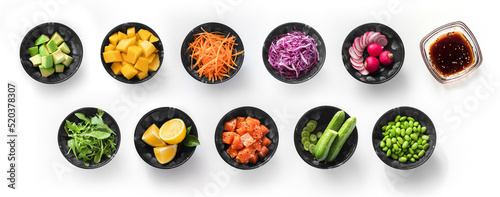 set ingredient poke bowl in black plate isolated white background top view