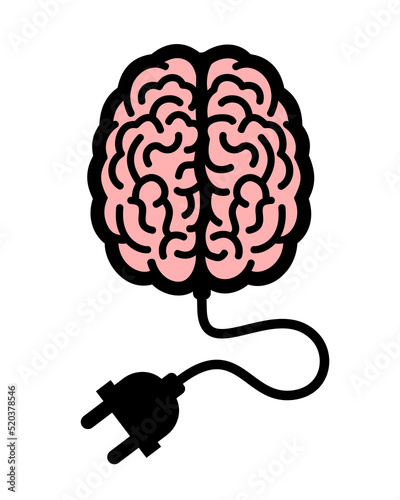Shut off brain - human organ is unplugged from electricity and electric power. Brain without energy. Stop, failure, breakdown, malfunction and shutdown of intellect. Vector illustration isolated.