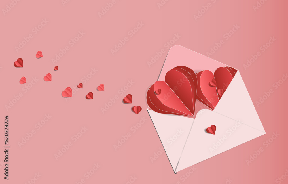 love letter heart invitation card on abstract background with love message and young joyful, pink paper cut hearts.vector in paper illustration, 3d paper.